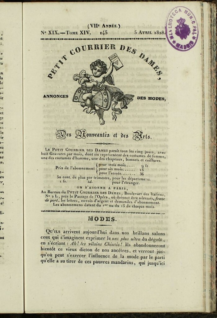 Miniatura de Petit Courrier des Dames : annonces des modes, des nouveautés et des arts del 5 de Abril de 1828