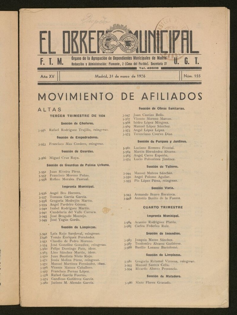 Miniatura de El Obrero Municipal : órgano de la Agrupación de Obreros Municipales, Similares y Afines del 31 de marzo de 1936