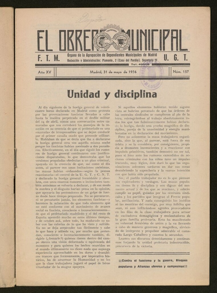 Miniatura de El Obrero Municipal : órgano de la Agrupación de Obreros Municipales, Similares y Afines del 31 de mayo de 1936