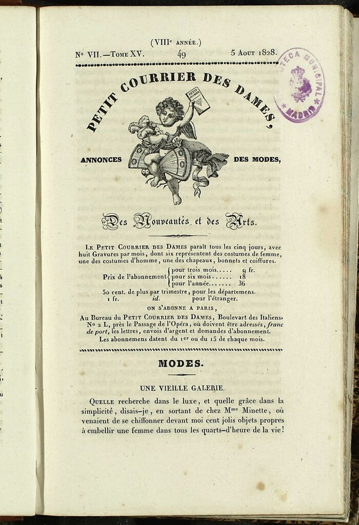 Miniatura de Petit Courrier des Dames : annonces des modes, des nouveautés et des arts del 5 de Agosto de 1828
