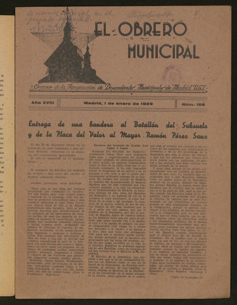 Miniatura de El Obrero Municipal : órgano de la Agrupación de Obreros Municipales, Similares y Afines del 1 de enero de 1939