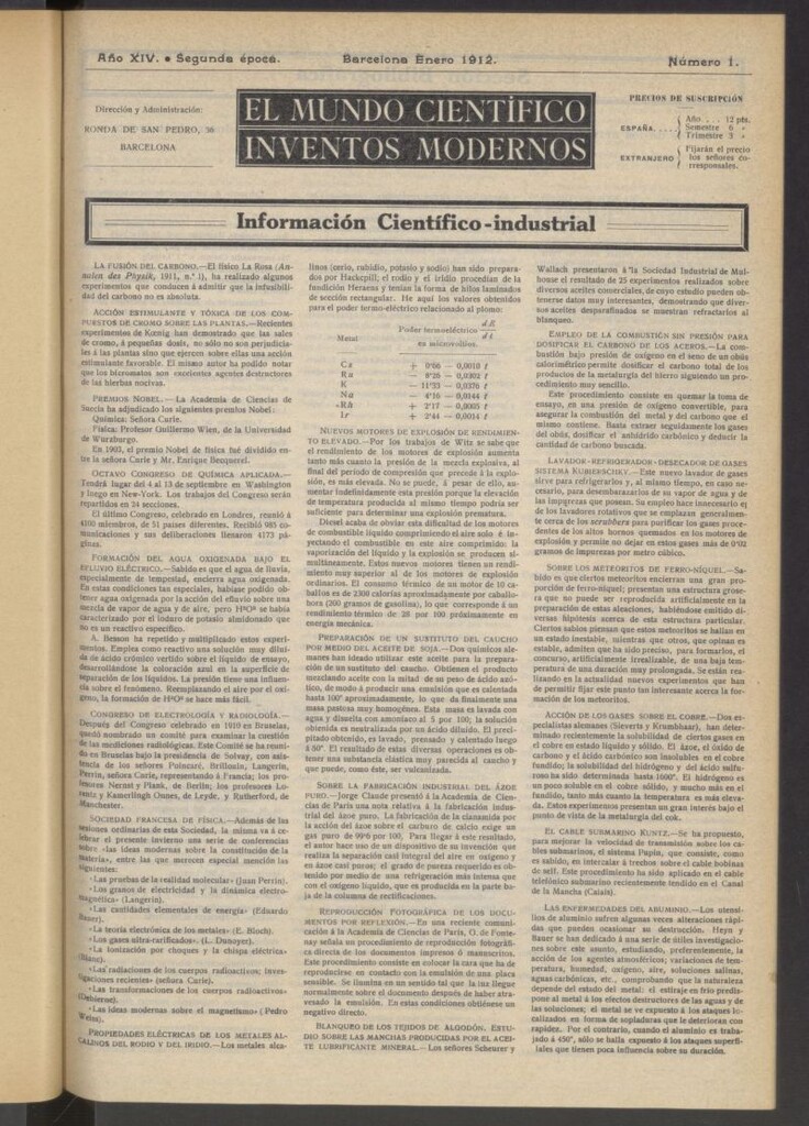 Miniatura de El Mundo Científico. Inventos Modernos de enero de 1912. SUPLEMENTO