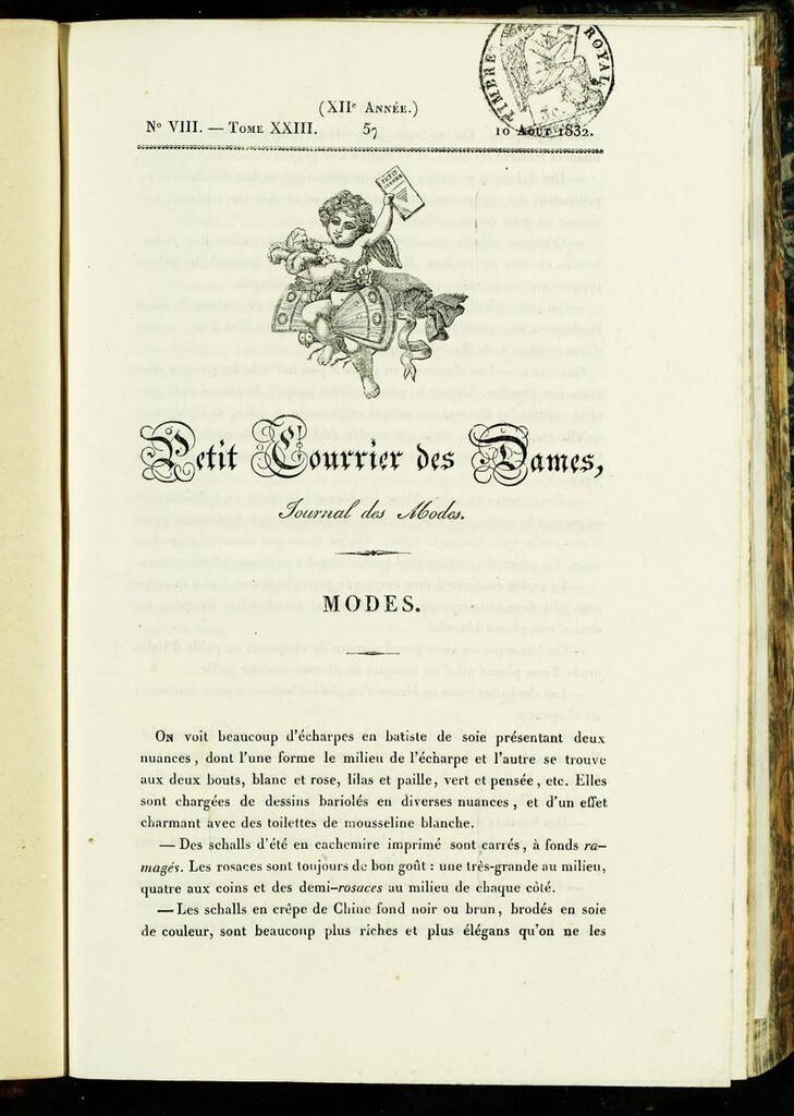 Miniatura de Petit Courrier des Dames : annonces des modes, des nouveautés et des arts del 10 de Agosto de 1832