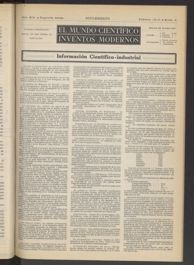 Miniatura de El Mundo Científico. Inventos Modernos de febrero de 1912. SUPLEMENTO
