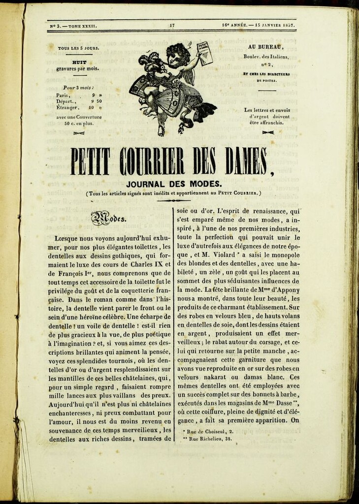 Miniatura de Petit Courrier des Dames : annonces des modes, des nouveautés et des arts del 15 de Enero de 1837