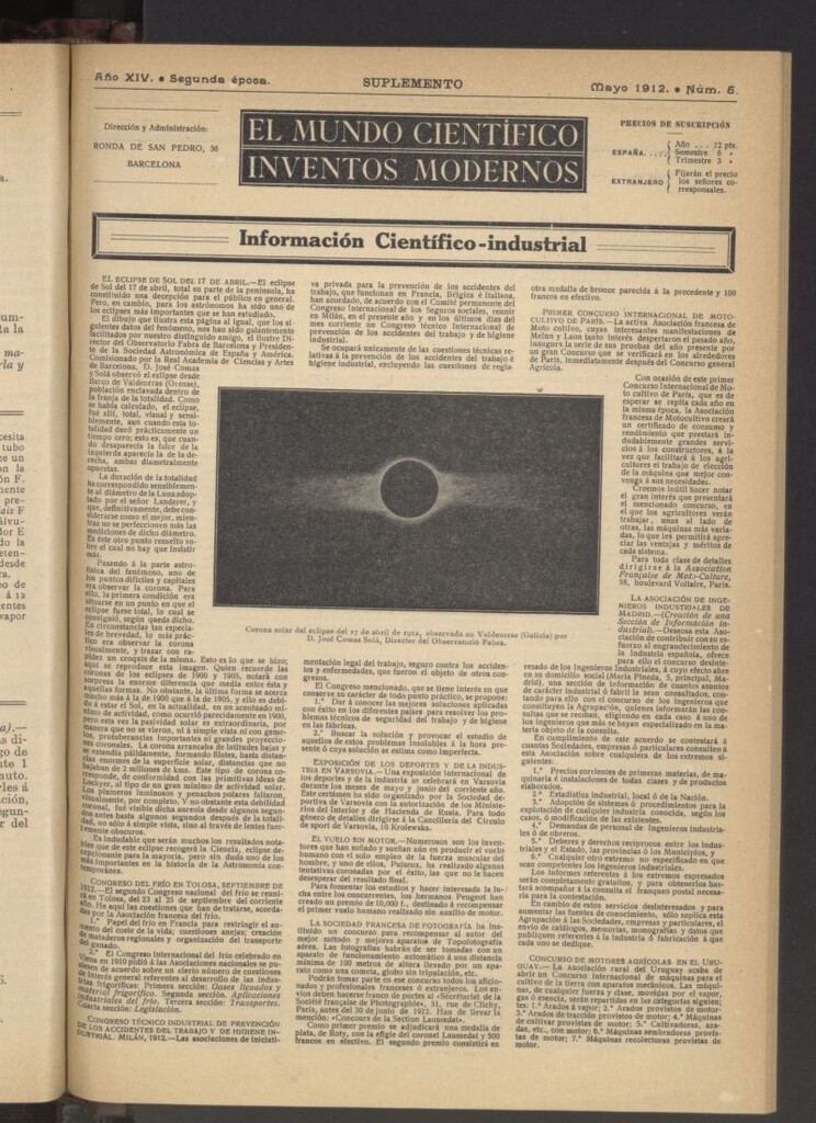 Miniatura de El Mundo Científico. Inventos Modernos de mayo de 1912. SUPLEMENTO