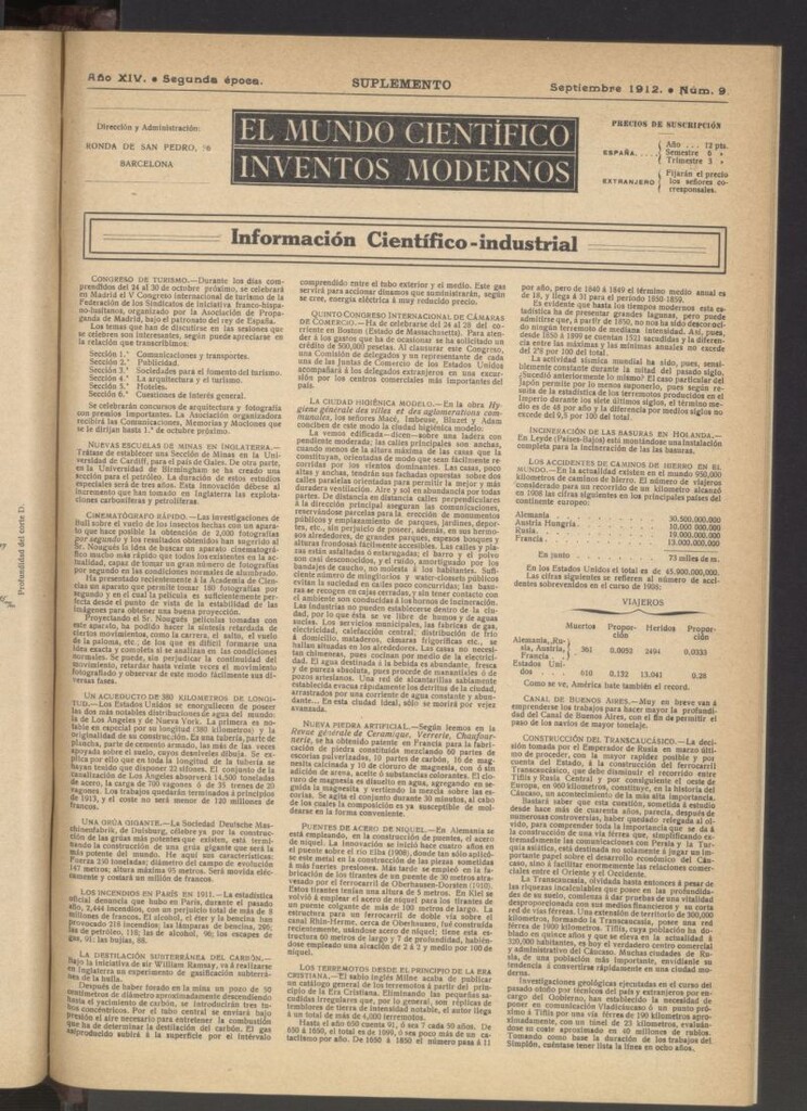 Miniatura de El Mundo Científico. Inventos Modernos de septiembre de 1912. SUPLEMENTO