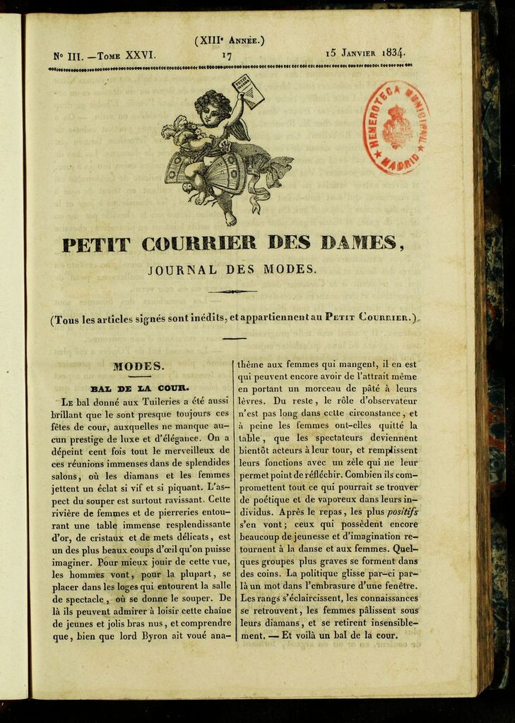 Miniatura de Petit Courrier des Dames : annonces des modes, des nouveautés et des arts del 15 de Enero de 1834