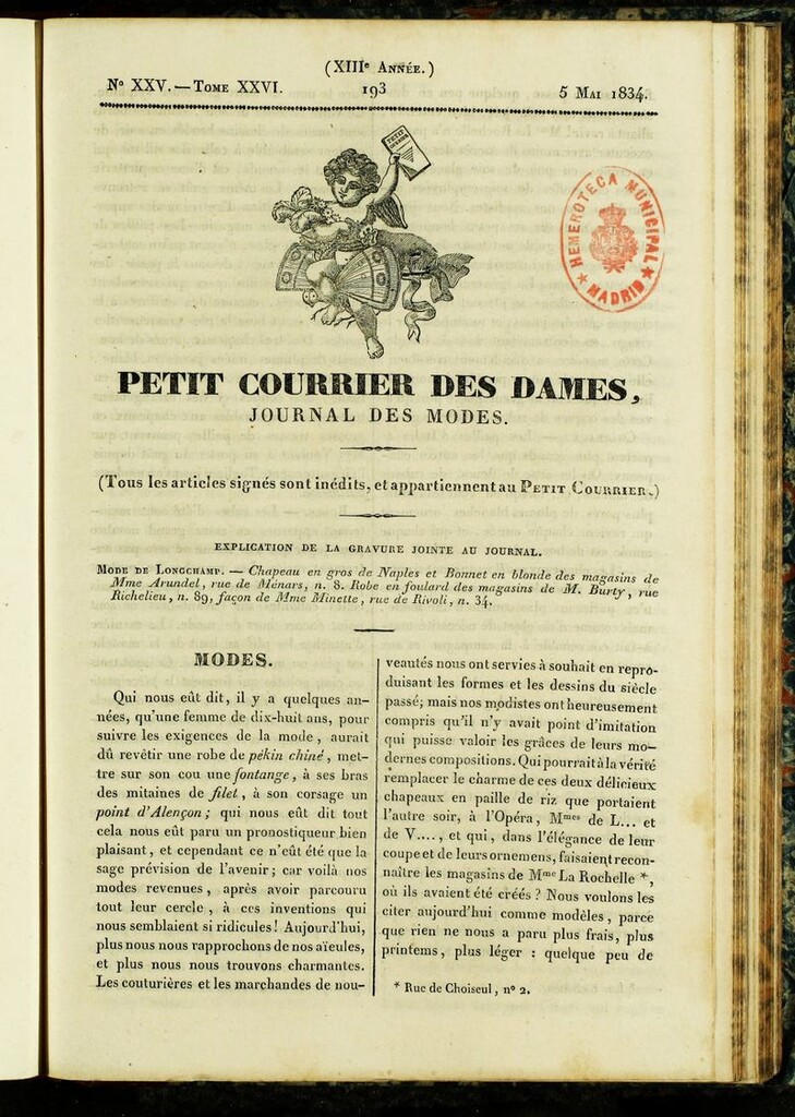 Miniatura de Petit Courrier des Dames : annonces des modes, des nouveautés et des arts del 5 de Mayo de 1834