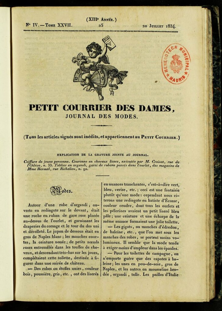 Miniatura de Petit Courrier des Dames : annonces des modes, des nouveautés et des arts del 20 de Julio de 1834