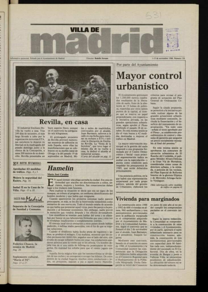 Miniatura de Villa de Madrid: informativo quincenal del 1 de noviembre de 1988, nº 134