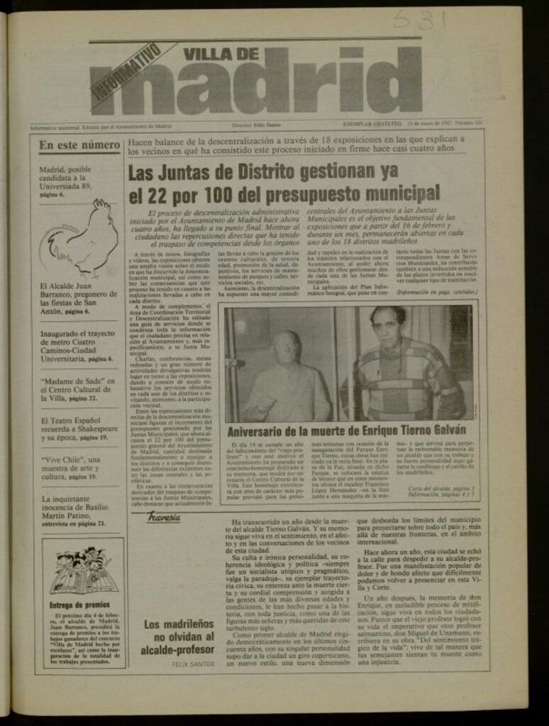 Miniatura de Villa de Madrid: informativo quincenal del 15 de enero de 1987, nº 101