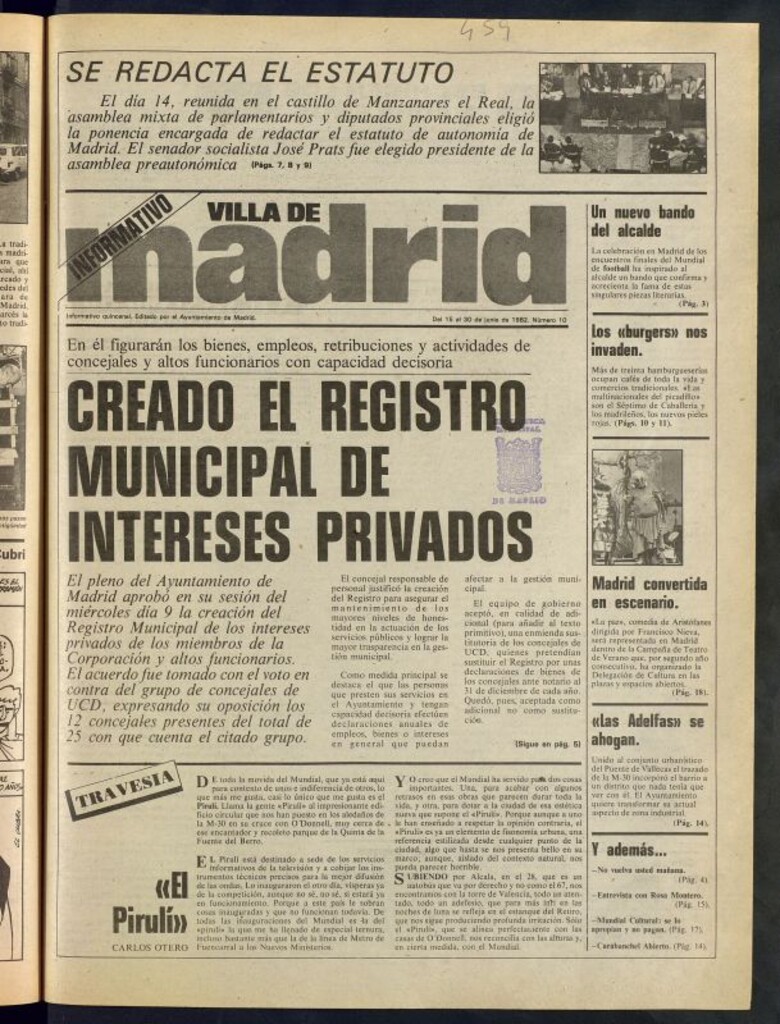Miniatura de Villa de Madrid: informativo quincenal del 15 de junio de 1982, nº 10