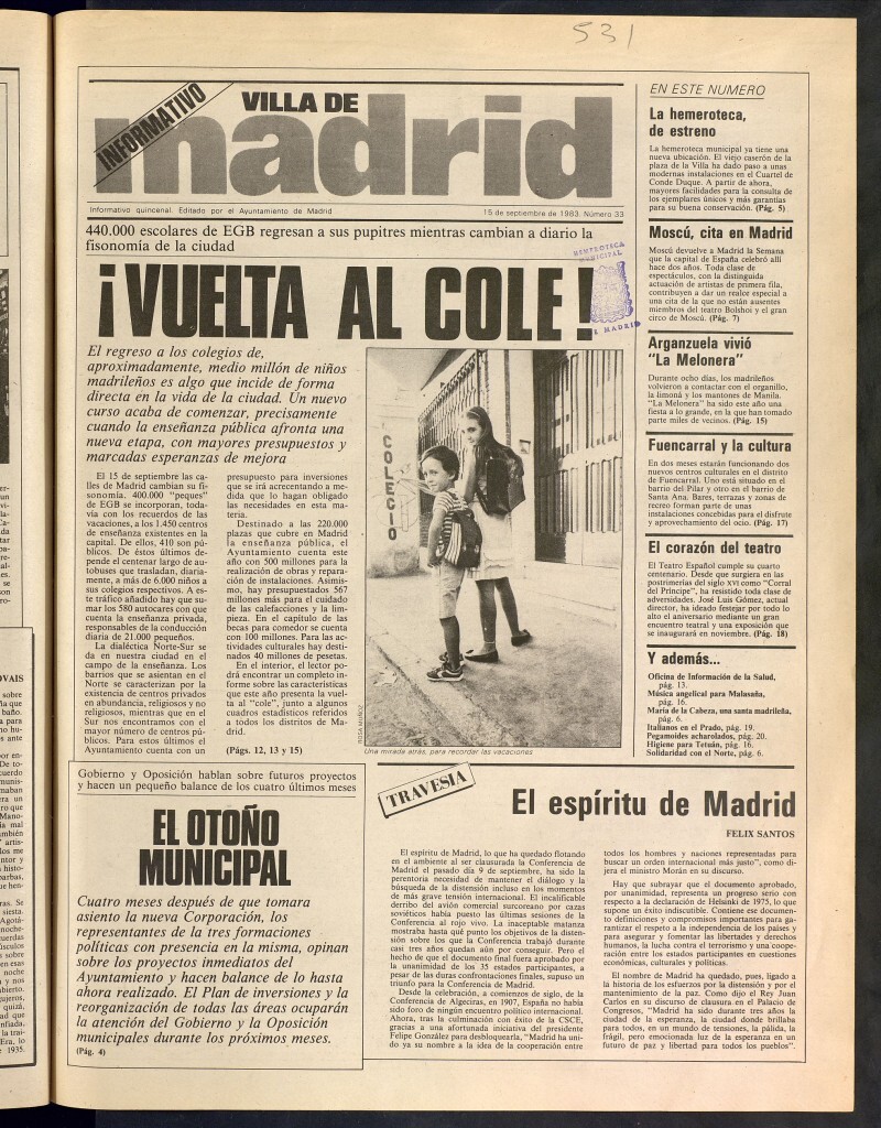 Miniatura de Villa de Madrid: informativo quincenal del 15 de septiembre de 1983, nº 33