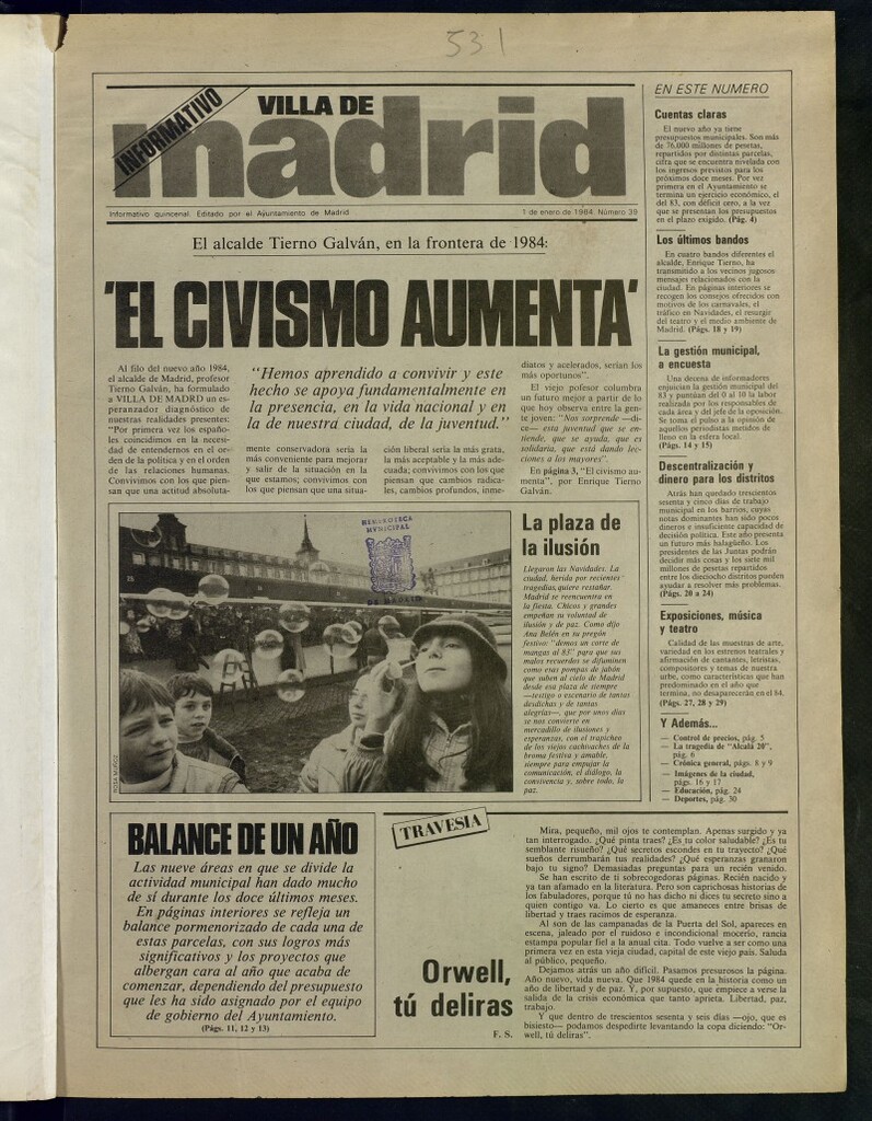 Miniatura de Villa de Madrid: informativo quincenal del 1 de enero de 1984, nº 39