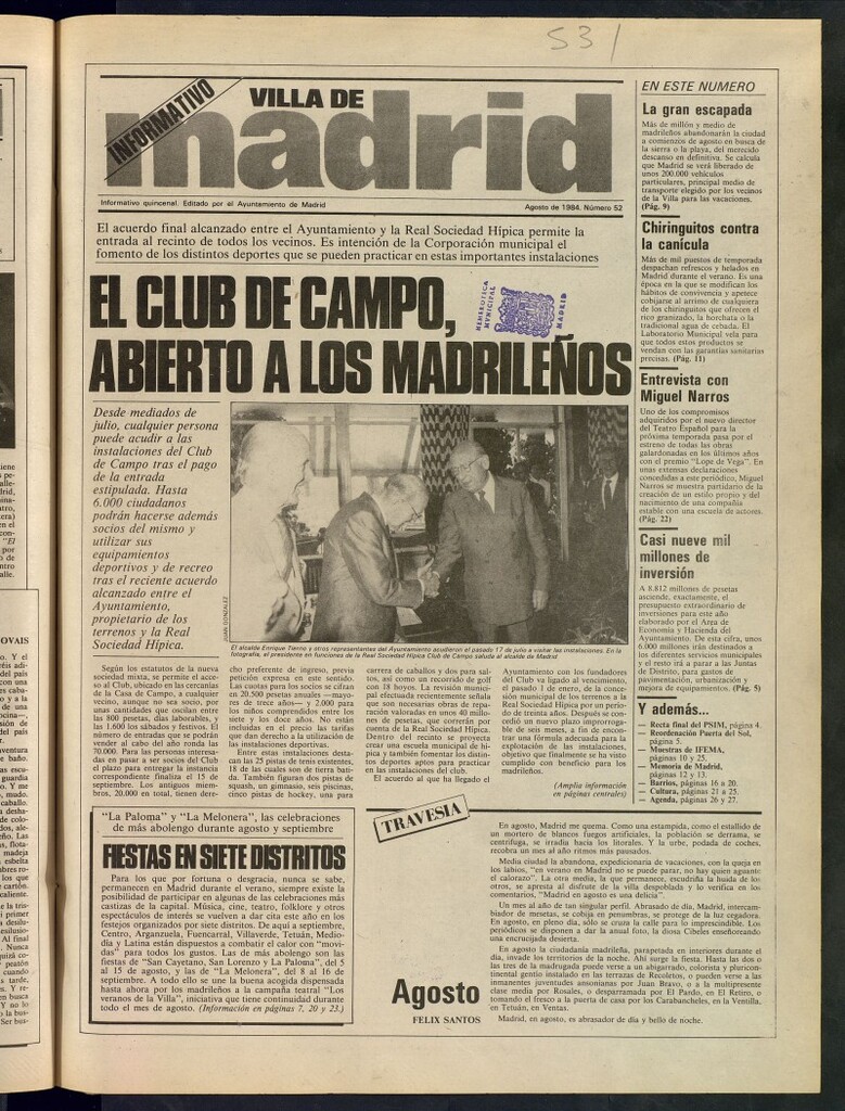 Miniatura de Villa de Madrid: informativo quincenal del 1 de agosto de 1984, nº 52
