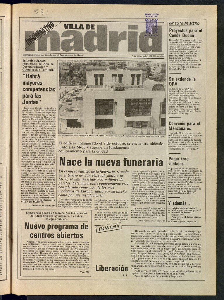 Miniatura de Villa de Madrid: informativo quincenal del 1 de octubre de 1984, nº 54