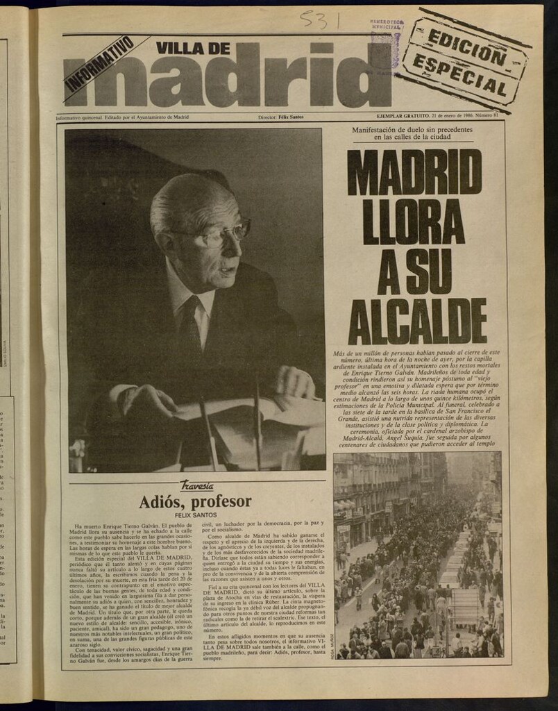 Miniatura de Villa de Madrid: informativo quincenal. Edición especial del 21 de enero de 1986.