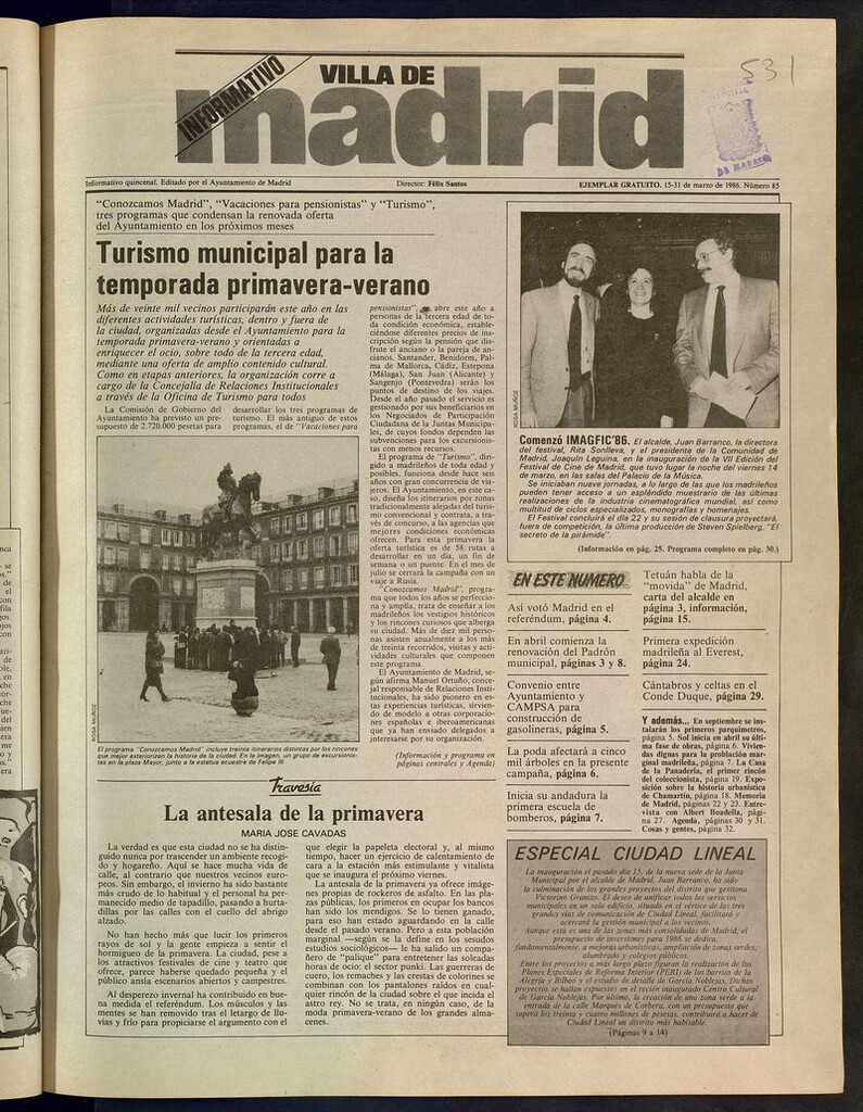 Miniatura de Villa de Madrid: informativo quincenal del 15 de marzo de 1986. Número 85