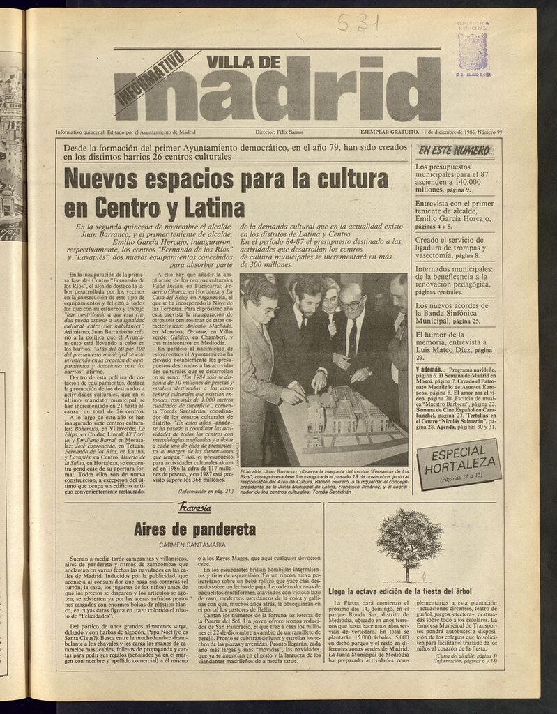Miniatura de Villa de Madrid: informativo quincenal del 1 de diciembre de 1986. Número 99