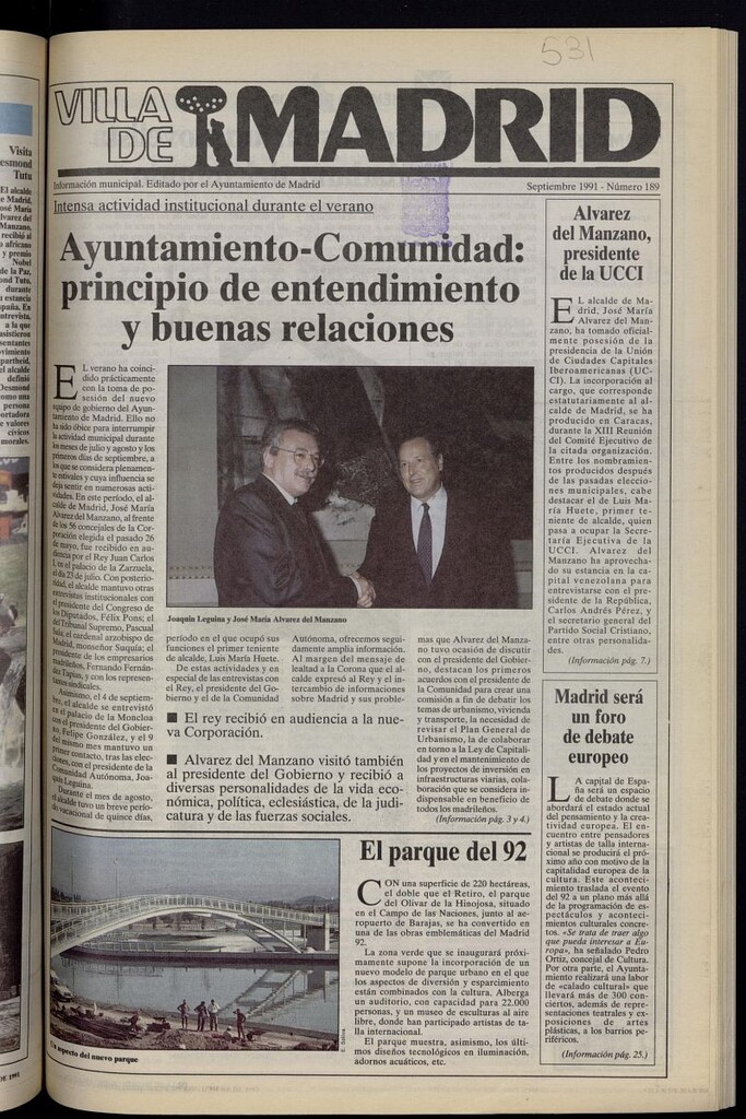 Miniatura de Villa de Madrid: informativo quincenal de septiembre de 1991, nº 189