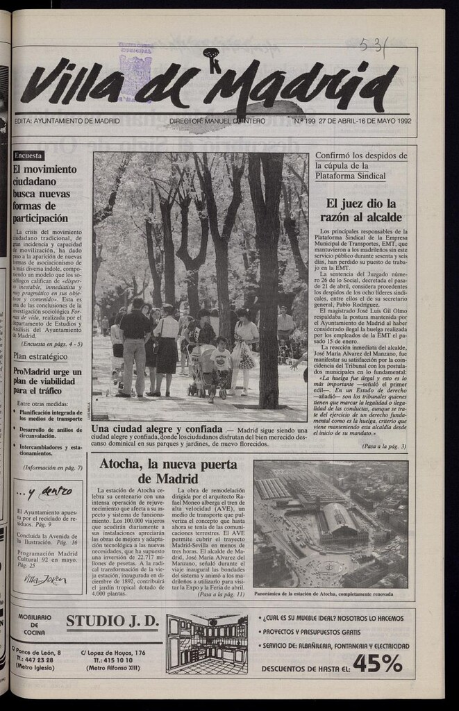 Miniatura de Villa de Madrid: informativo quincenal del 27 de abril de 1992, nº 199