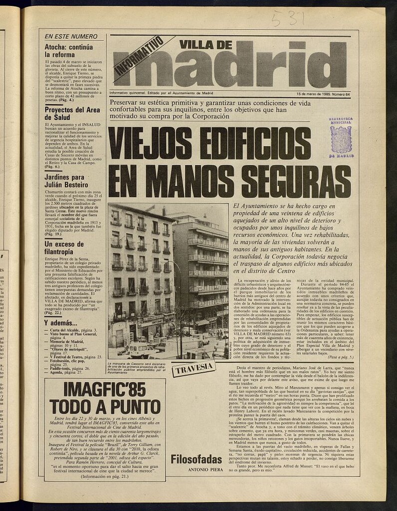 Miniatura de Villa de Madrid: informativo quincenal del 15 de marzo de 1985, nº 64