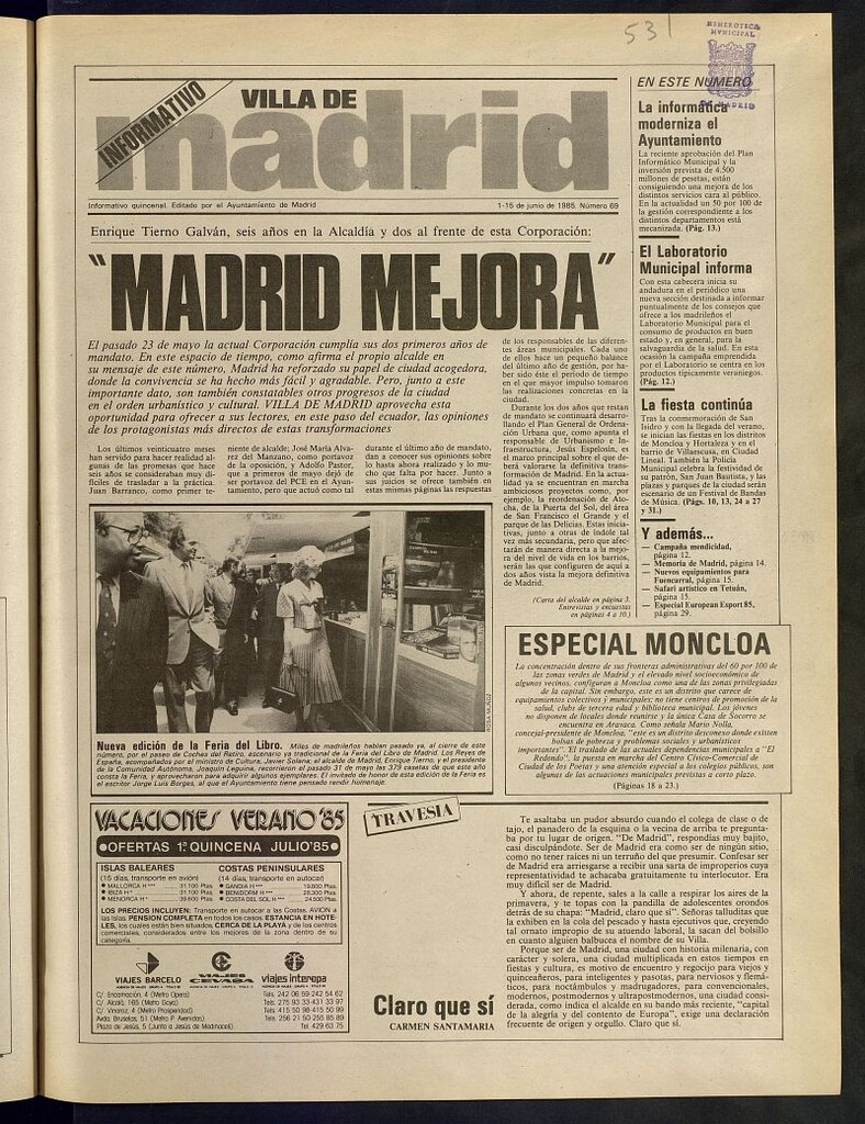 Miniatura de Villa de Madrid: informativo quincenal del 1 de junio de 1985, nº 69