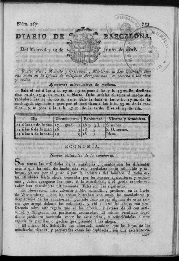 Miniatura de Diario de Barcelona del miércoles 15 de junio de 1808