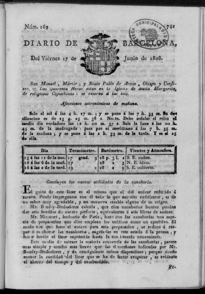 Miniatura de Diario de Barcelona del viernes 17 de junio de 1808