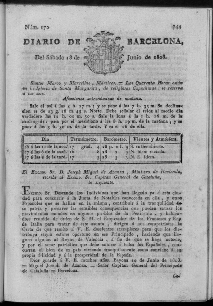 Miniatura de Diario de Barcelona del sábado 18 de junio de 1808
