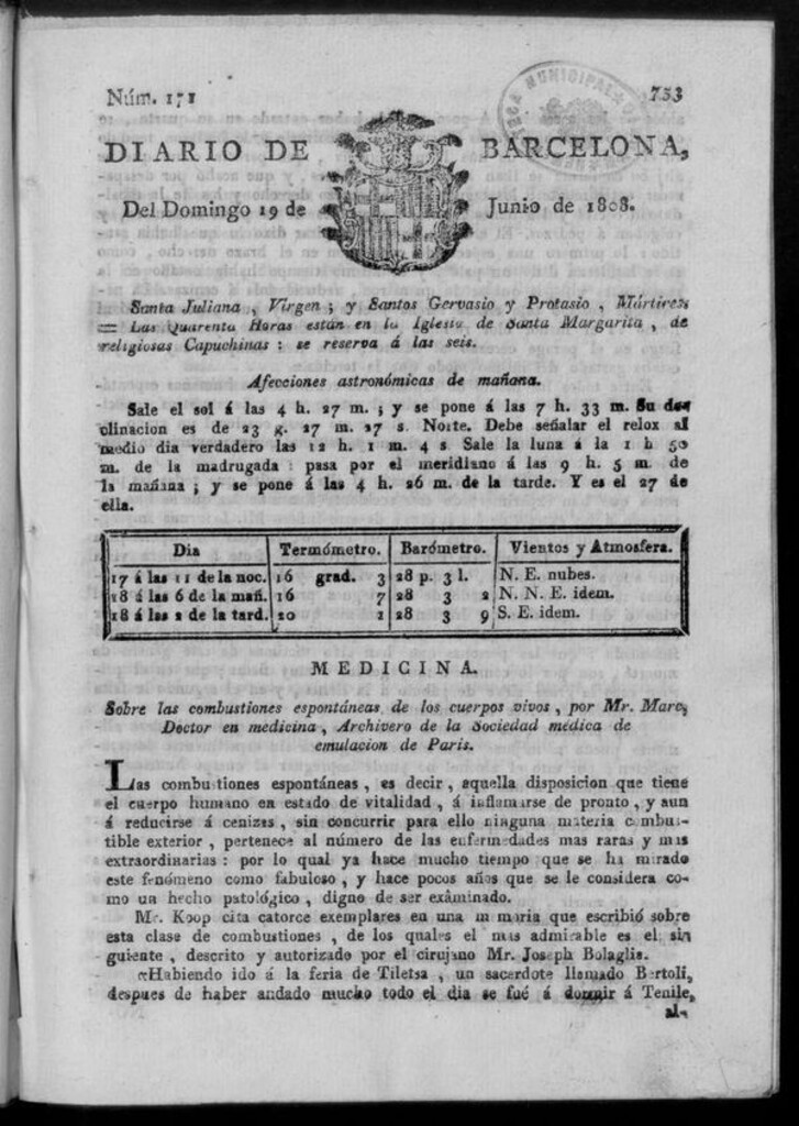 Miniatura de Diario de Barcelona del domingo 19 de junio de 1808