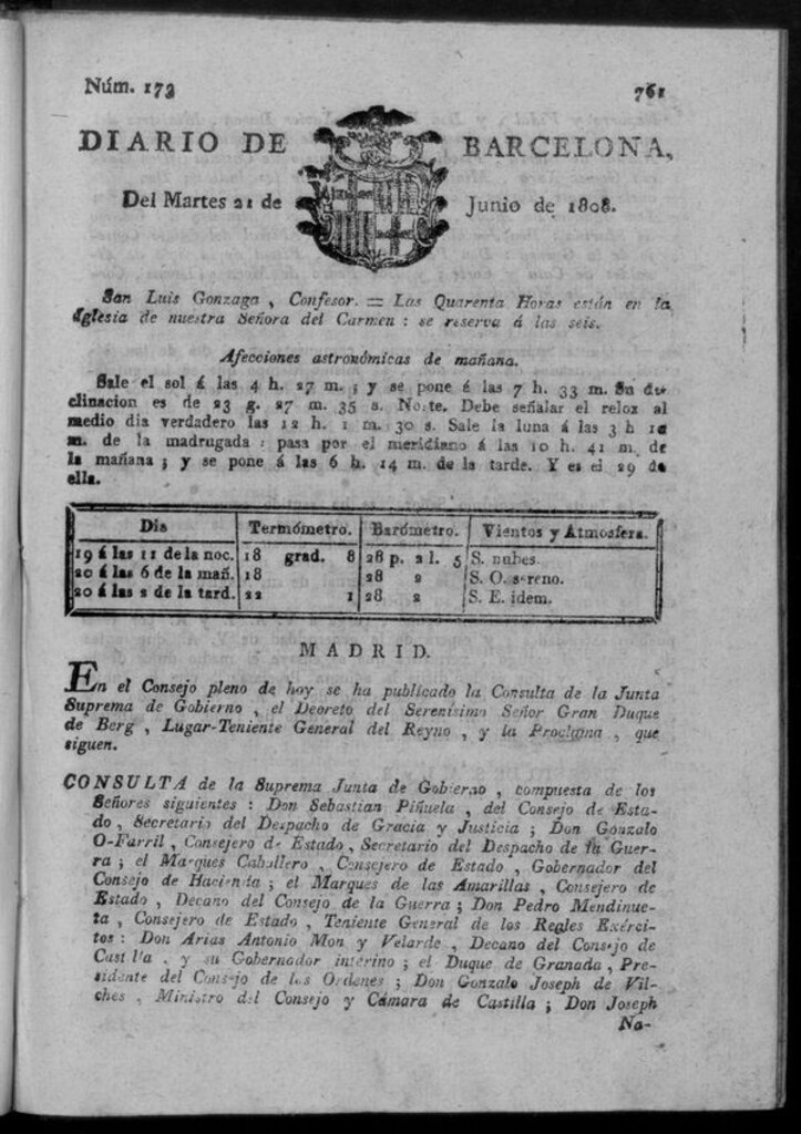 Miniatura de Diario de Barcelona del martes 21 de junio de 1808