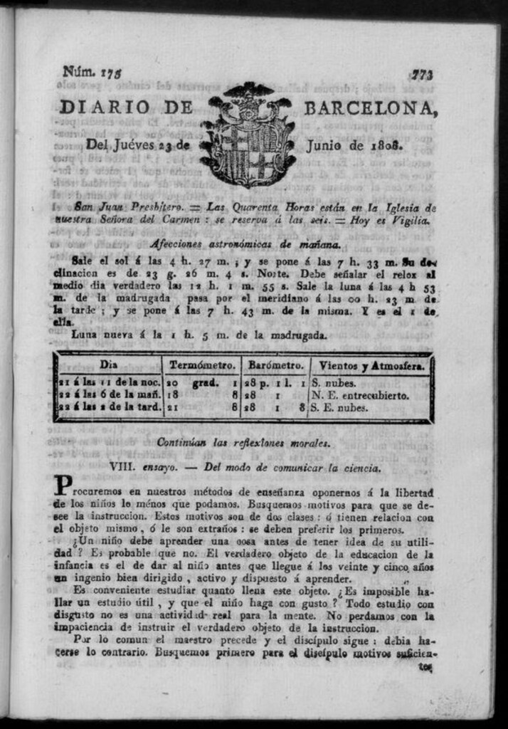 Miniatura de Diario de Barcelona del jueves 23 de junio de 1808