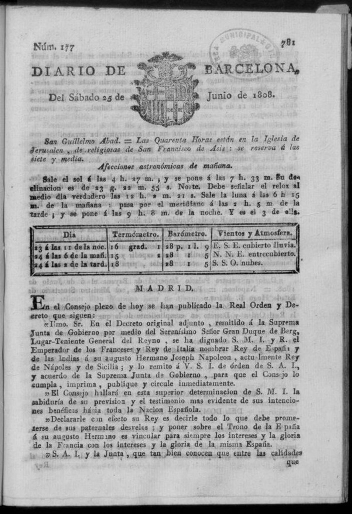 Miniatura de Diario de Barcelona del sábado 25 de junio de 1808