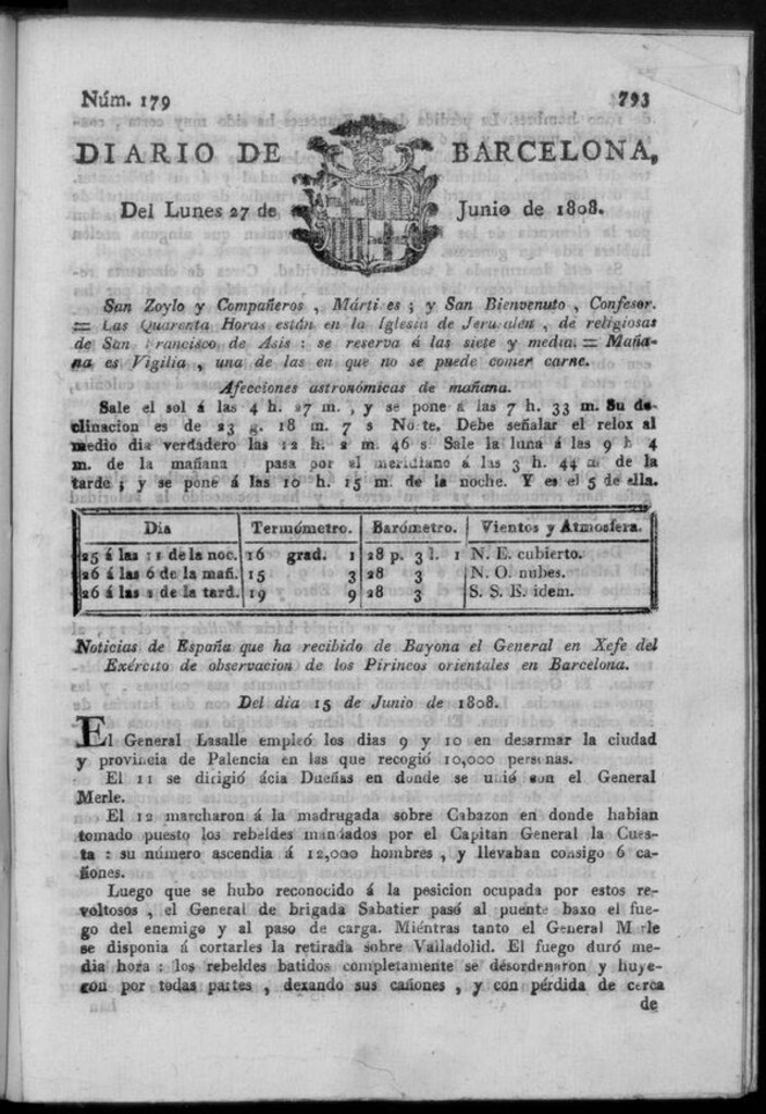 Miniatura de Diario de Barcelona del lunes 27 de junio de 1808