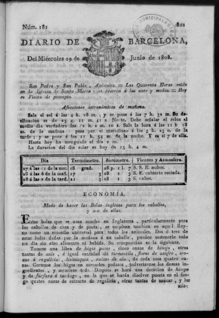 Miniatura de Diario de Barcelona del miércoles 29 de junio de 1808