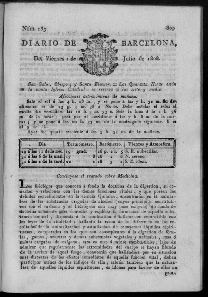 Miniatura de Diario de Barcelona del viernes 1 de julio de 1808