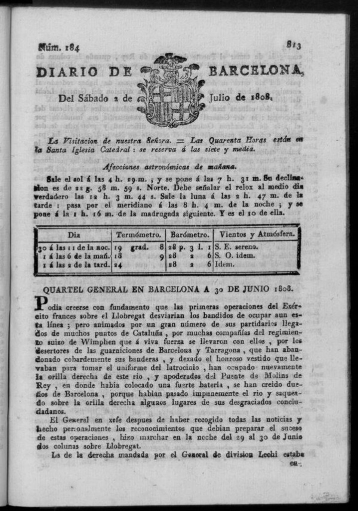 Miniatura de Diario de Barcelona del sábado 2 de julio de 1808