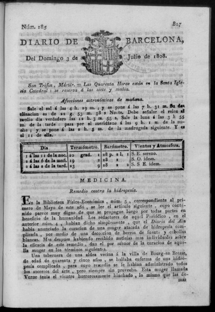 Miniatura de Diario de Barcelona del domingo 3 de julio de 1808