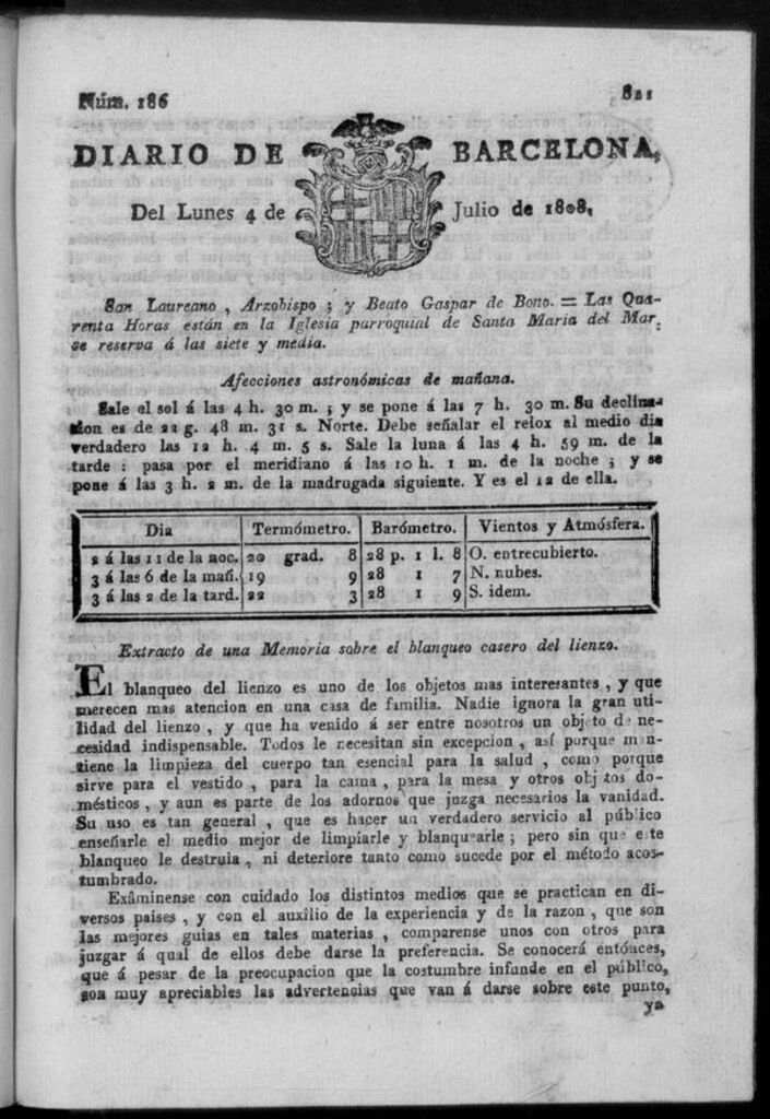 Miniatura de Diario de Barcelona del lunes 4 de julio de 1808