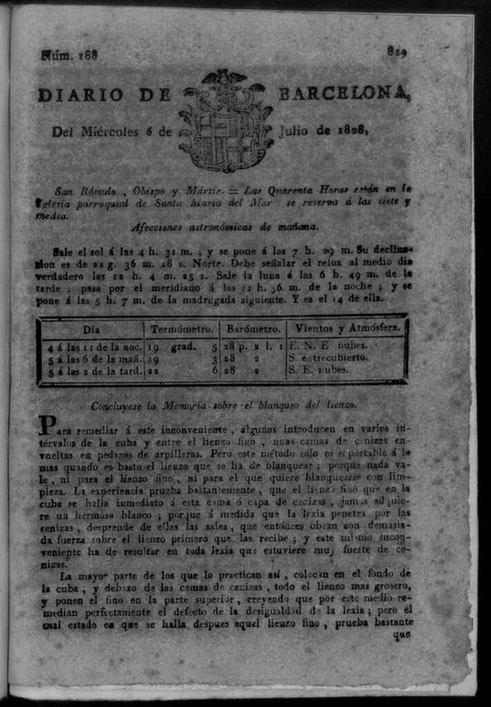 Miniatura de Diario de Barcelona del miércoles 6 de julio de 1808