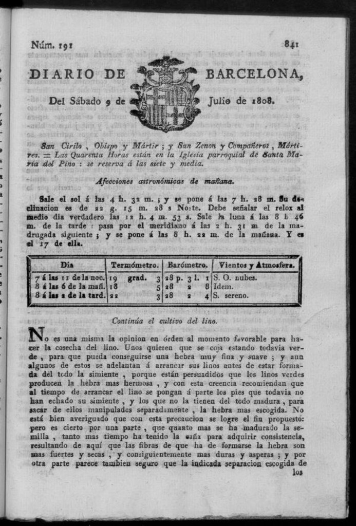 Miniatura de Diario de Barcelona del sábado 9 de julio de 1808