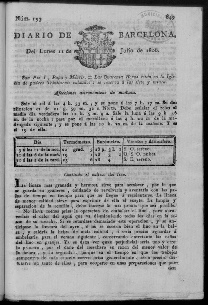 Miniatura de Diario de Barcelona del lunes 11 de julio de 1808