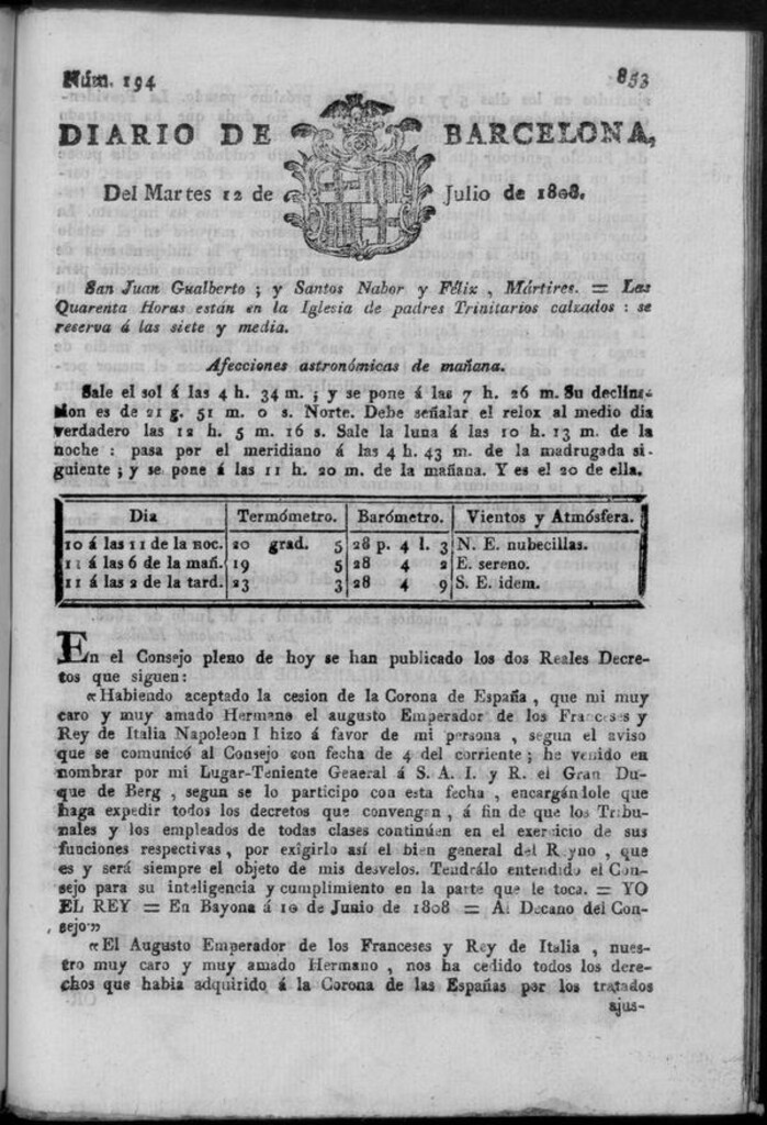 Miniatura de Diario de Barcelona del martes 12 de julio de 1808