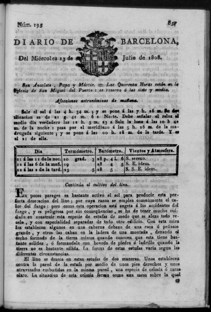 Miniatura de Diario de Barcelona del miércoles 13 de julio de 1808