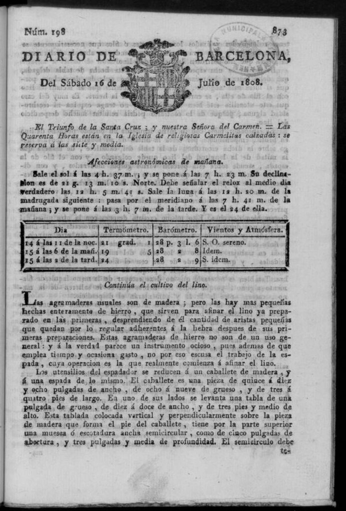 Miniatura de Diario de Barcelona del sábado 16 de julio de 1808