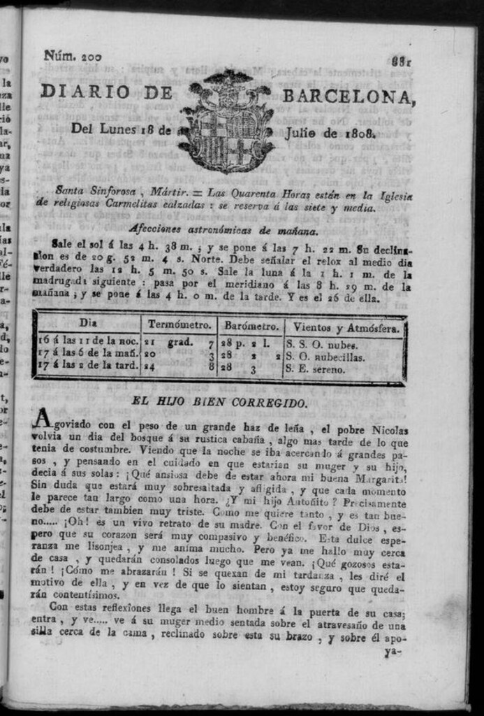 Miniatura de Diario de Barcelona del lunes 18 de julio de 1808