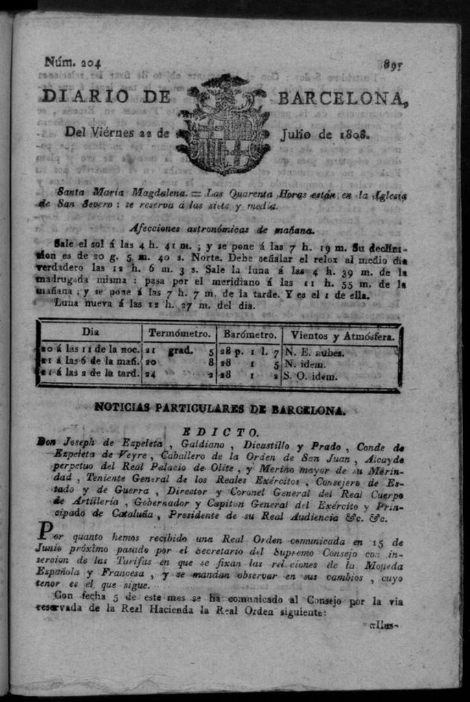 Miniatura de Diario de Barcelona del viernes 22 de julio de 1808