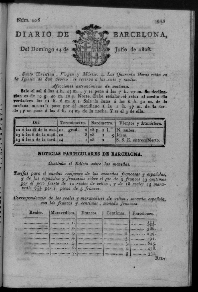 Miniatura de Diario de Barcelona del domingo 24 de julio de 1808